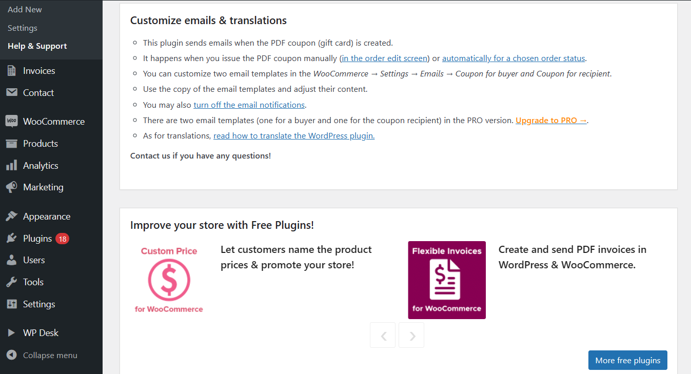 The support tab and additional free plugins for WooCommerce.