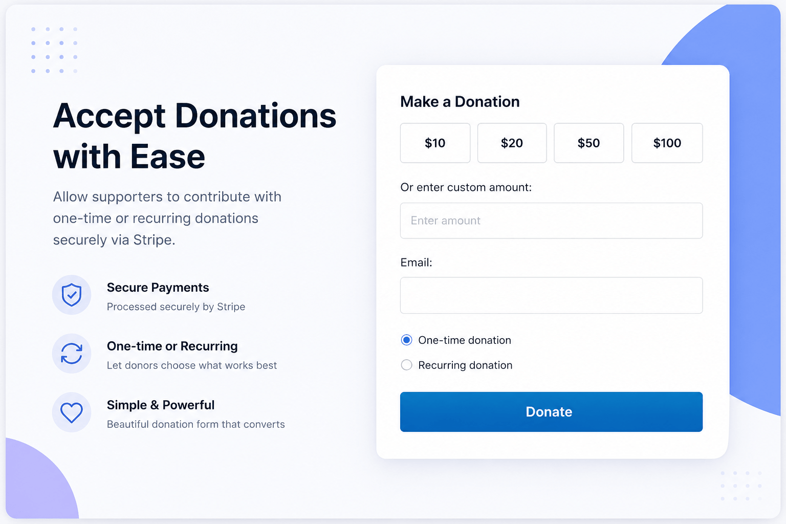 Donation form with predefined amount buttons, custom amount input, and one-time / recurring options