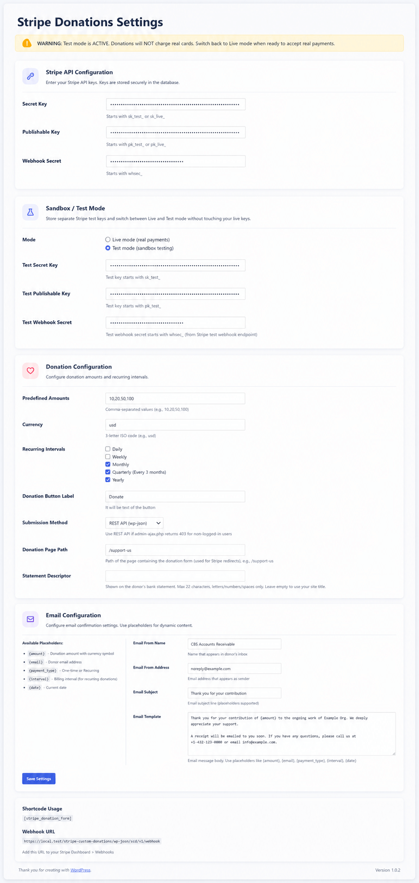 Settings page with Stripe API configuration, sandbox test mode, donation and email settings