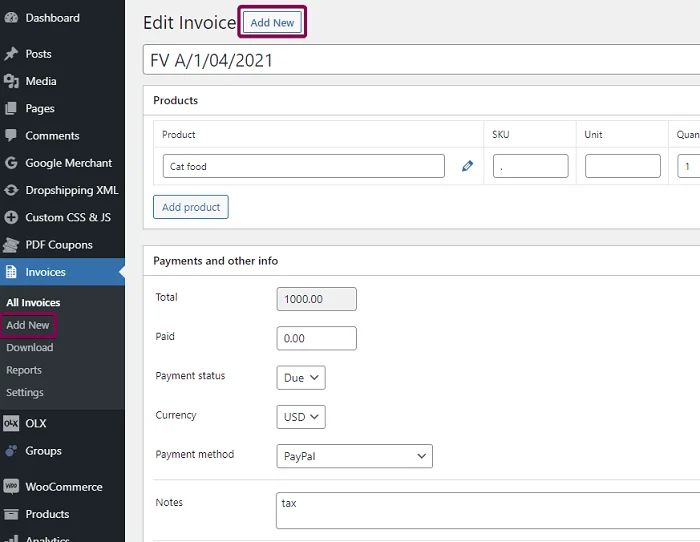 Add a new invoice in WordPress or WooCommerce manually.