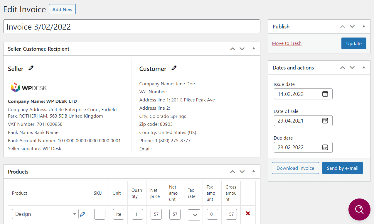 Edit, send, and download a PDF invoice in WordPress and WooCommerce.