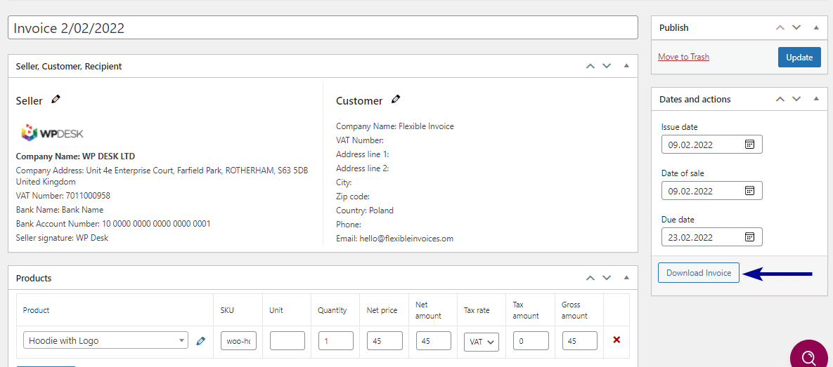 Download the PDF invoice in WooCommerce and WordPress.