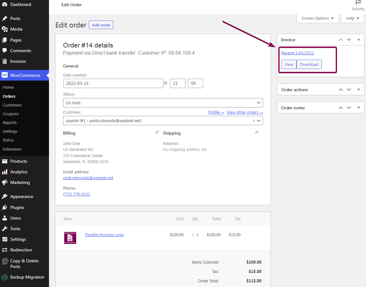 Download the document (PDF receipt) from the WooCommerce order screen.