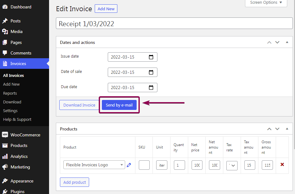 Send the invoice to your WordPress or WooCommerce customer.