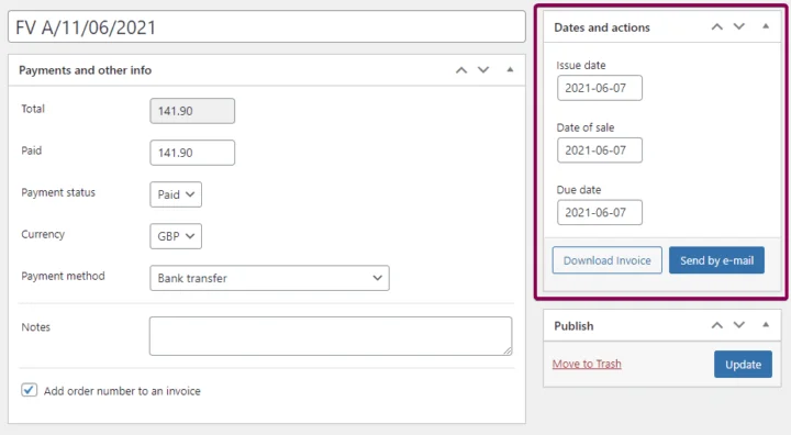 Edit the WooCommerce invoice dates.