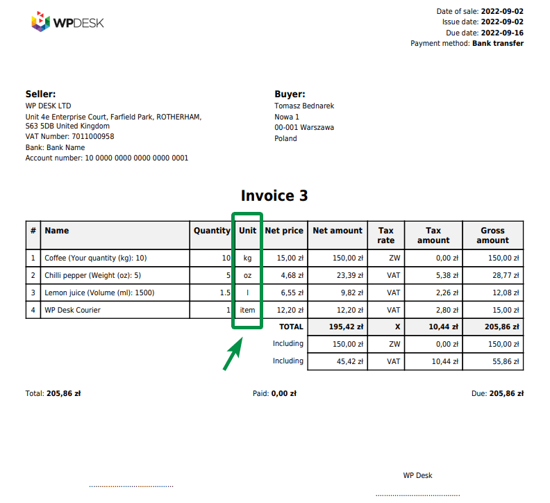 Invoice with new units of measure in WooCommerce - with a free plugin (get the complete WordPress billing system plugin).