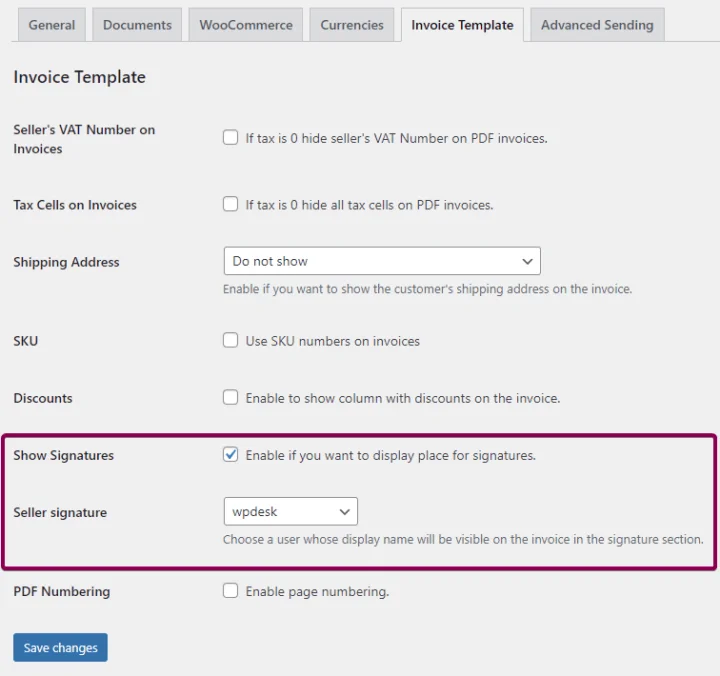 Print a WooCommerce invoice with the seller's signature.