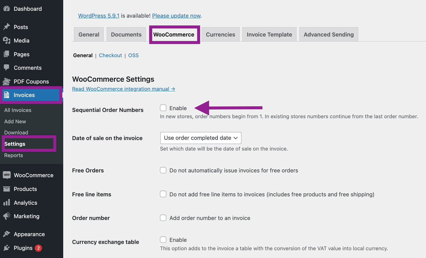 Enable sequential order numbers in WooCommerce.