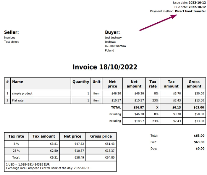 The WooCommerce payment method on the PDF invoice.