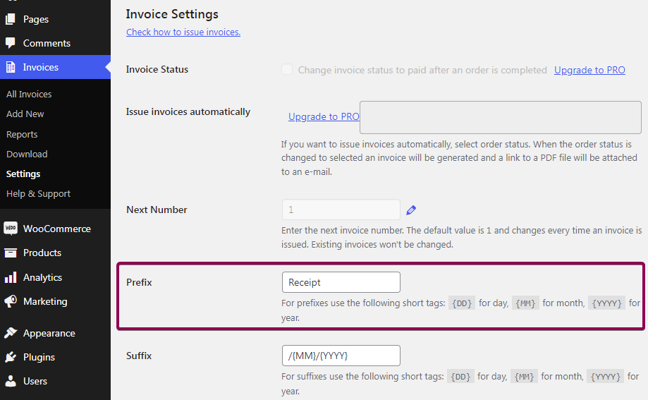 WooCommerce PDF invoice (receipt) configuration.