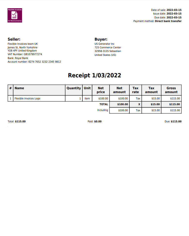 Create beautiful pdf invoices (or receipts) in WordPress and WooCommerce.