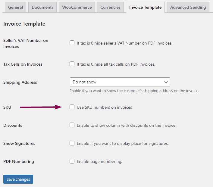 Adjust the WooCommerce invoice template with product SKU numbers.