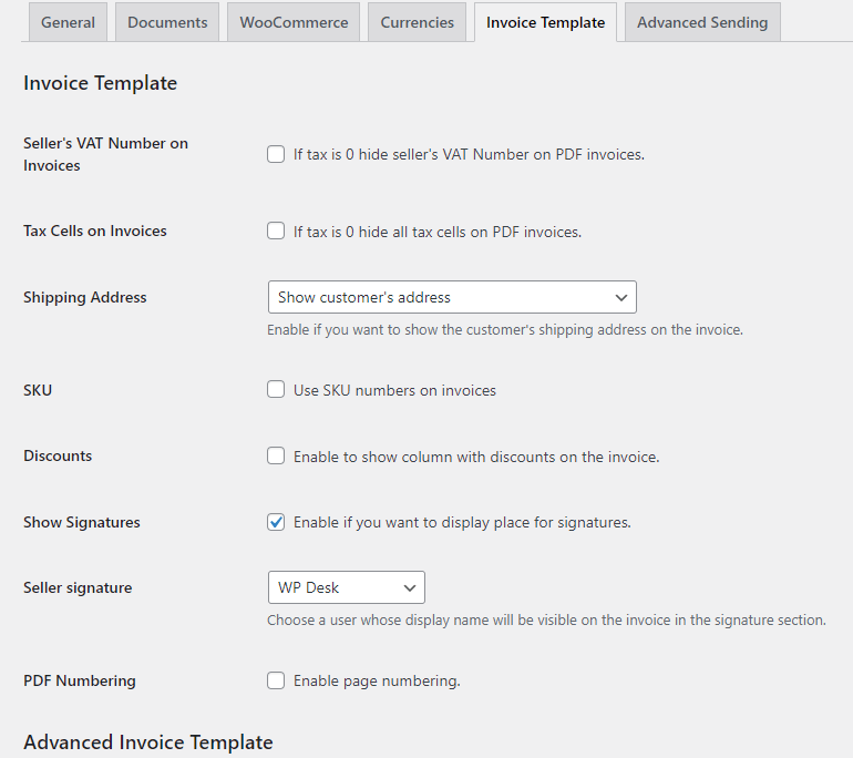 Use the invoice template settings to generate custom invoices.