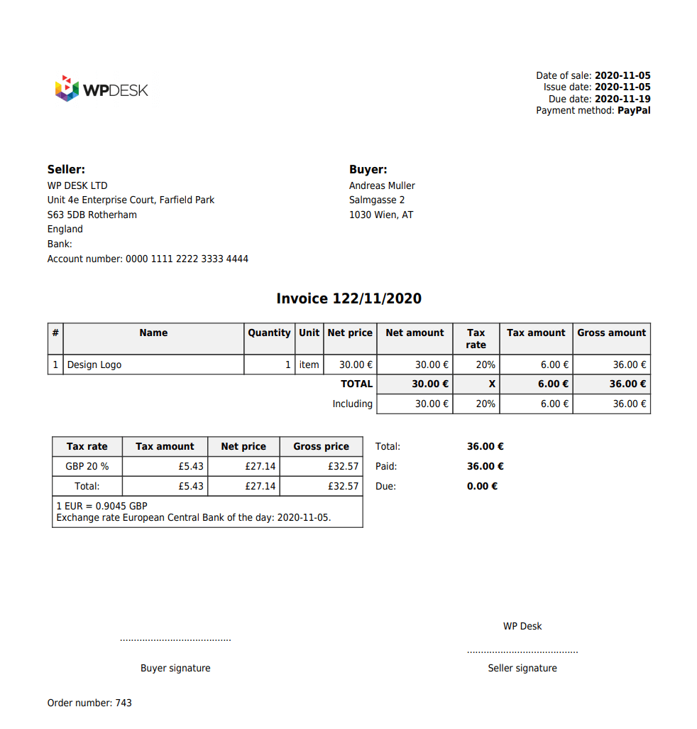 The OSS invoice after dynamic EU VAT validation in the VIES database (PRO).