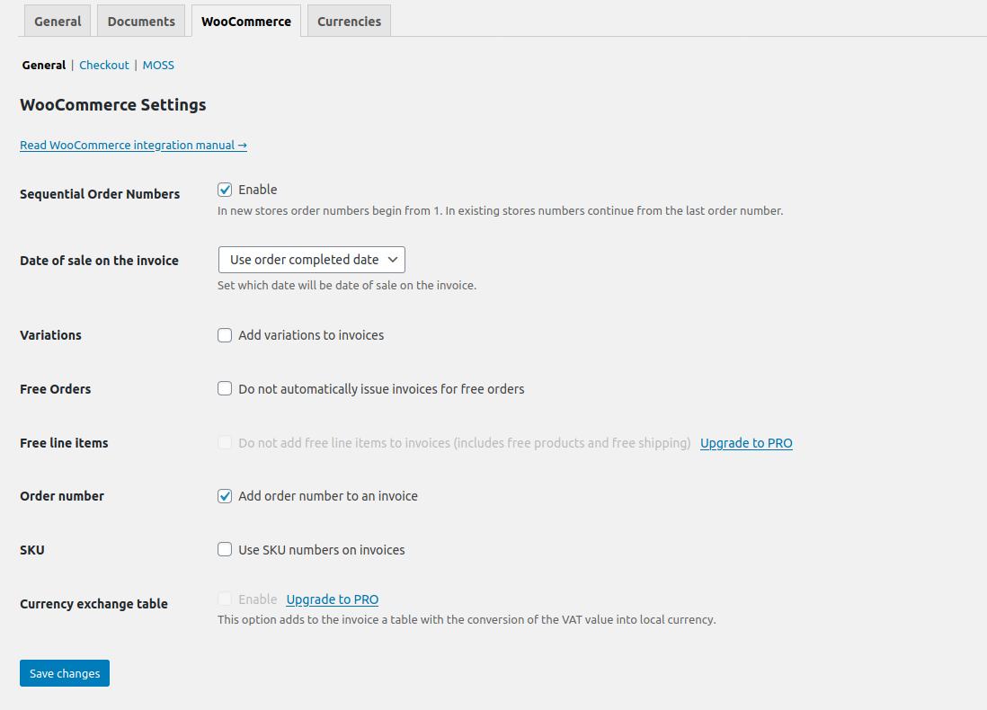 Settings for WooCommerce Invoices.