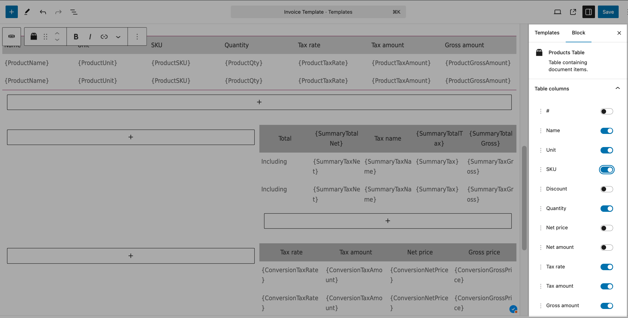 Show additional information on the invoice template (Gutenberg invoice template editor).