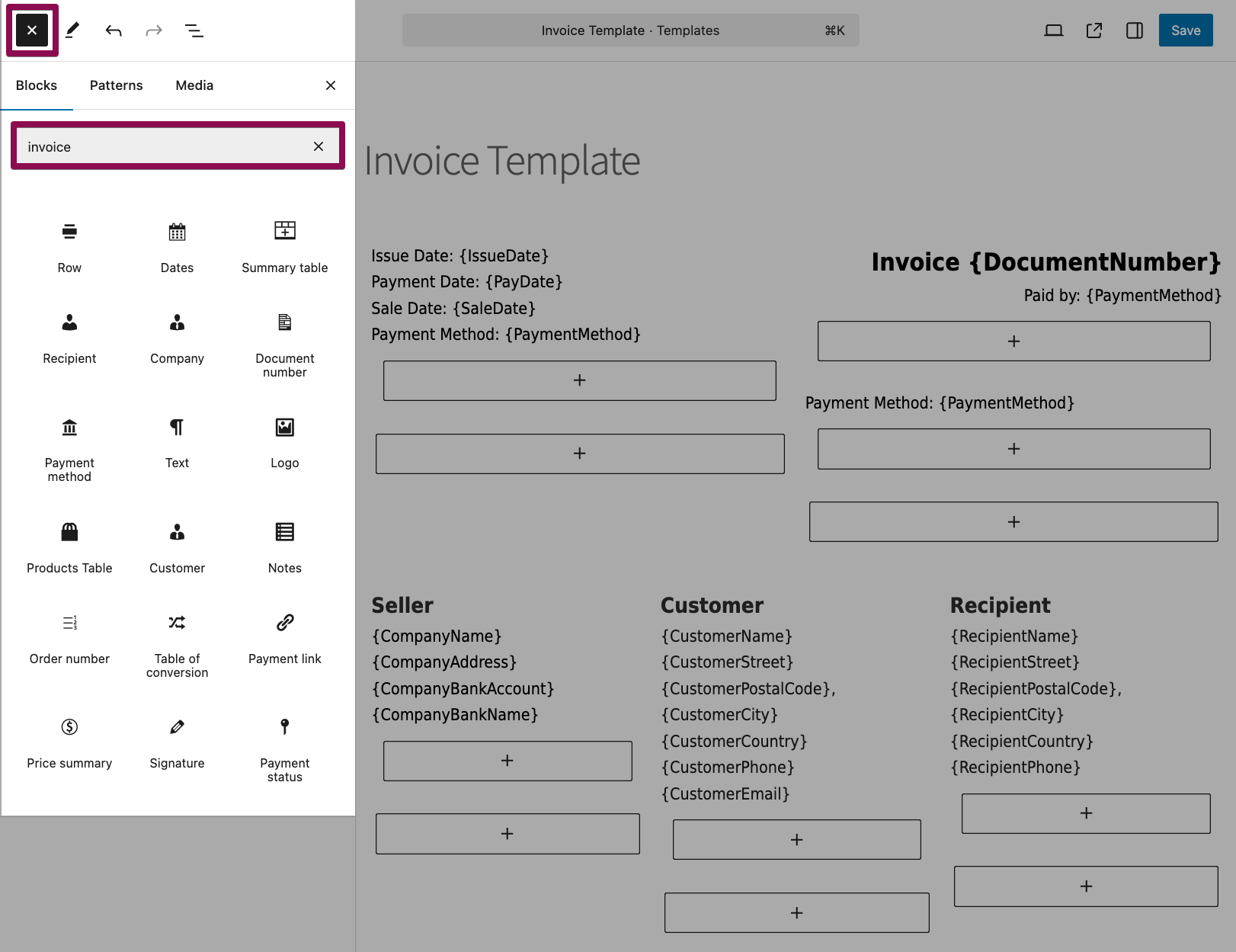 Choosing blocks on the invoice template within the Gutenberg editor.