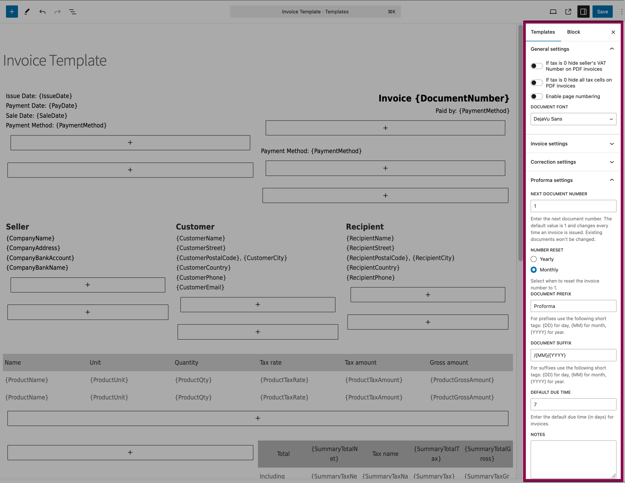 Invoice number formatting inside the visual editor for the invoice template.