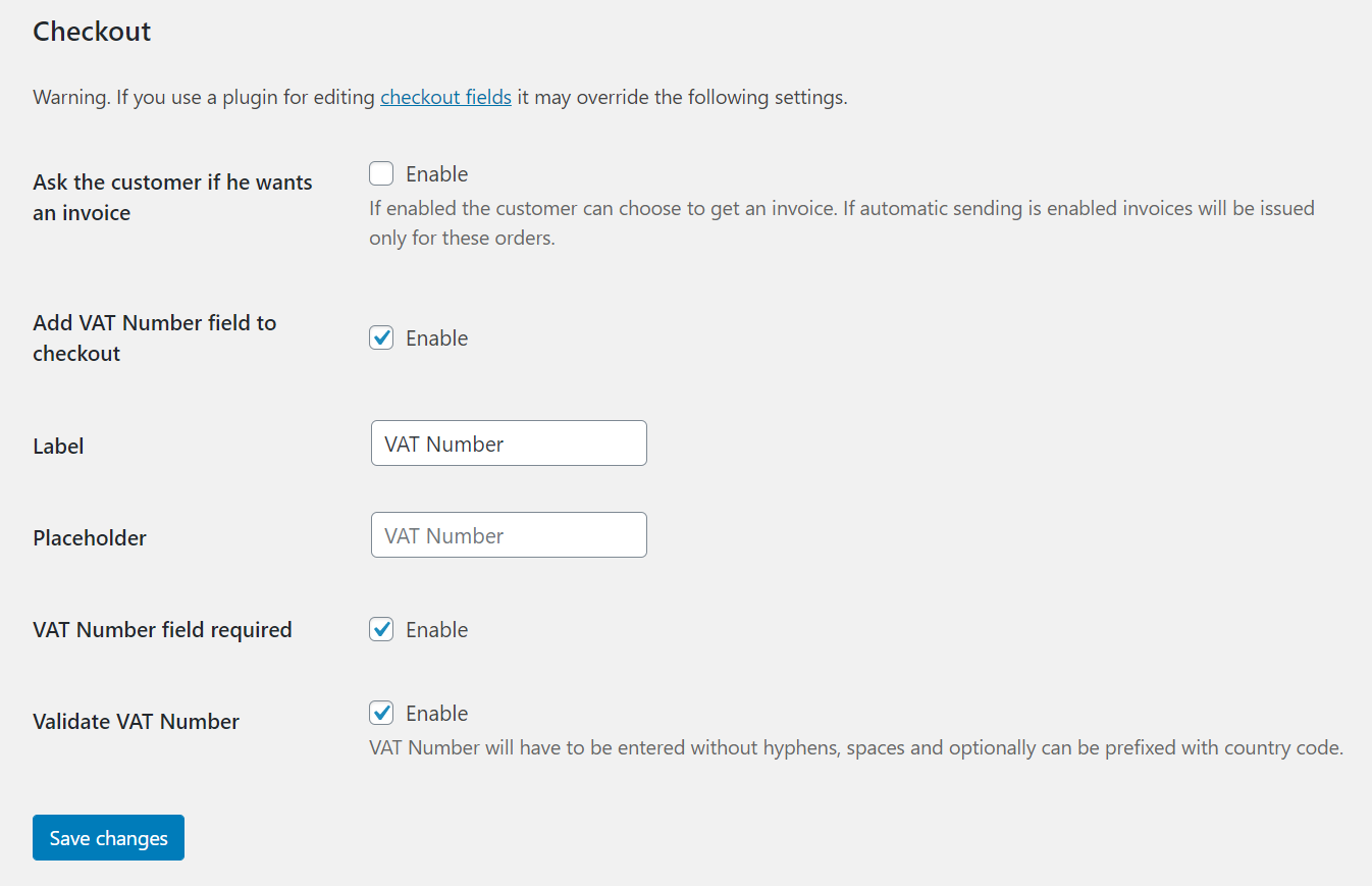 Settings for WooCommerce checkout and VAT Number.