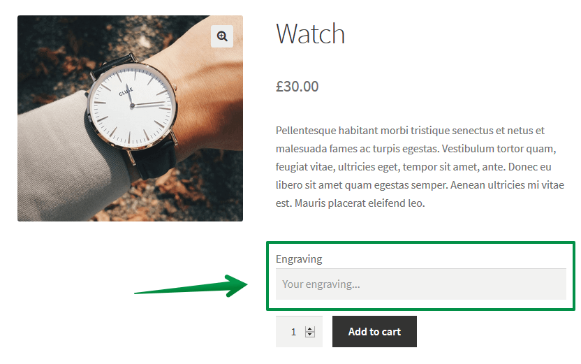 Engraving input field with a free WooCommerce product customizer plugin