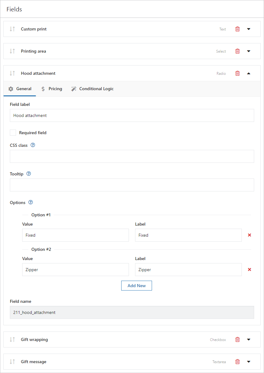 Custom fields settings for WooCommerce products