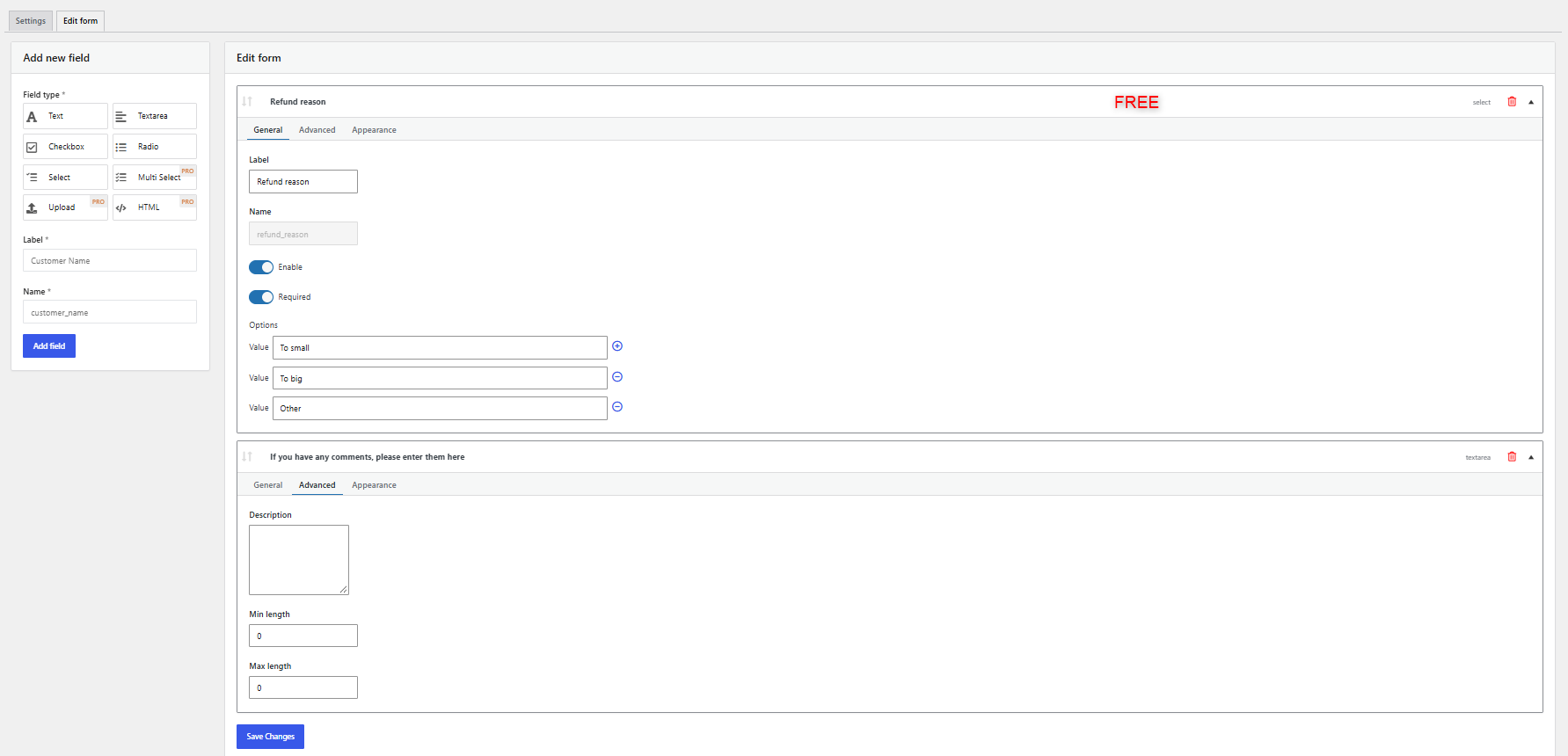 Refund form builder with field settings and drag-and-drop ordering.
