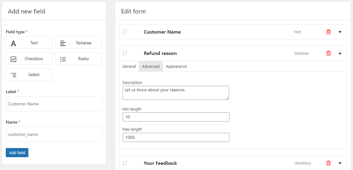 Additional settings of the refund form fields - description and length.