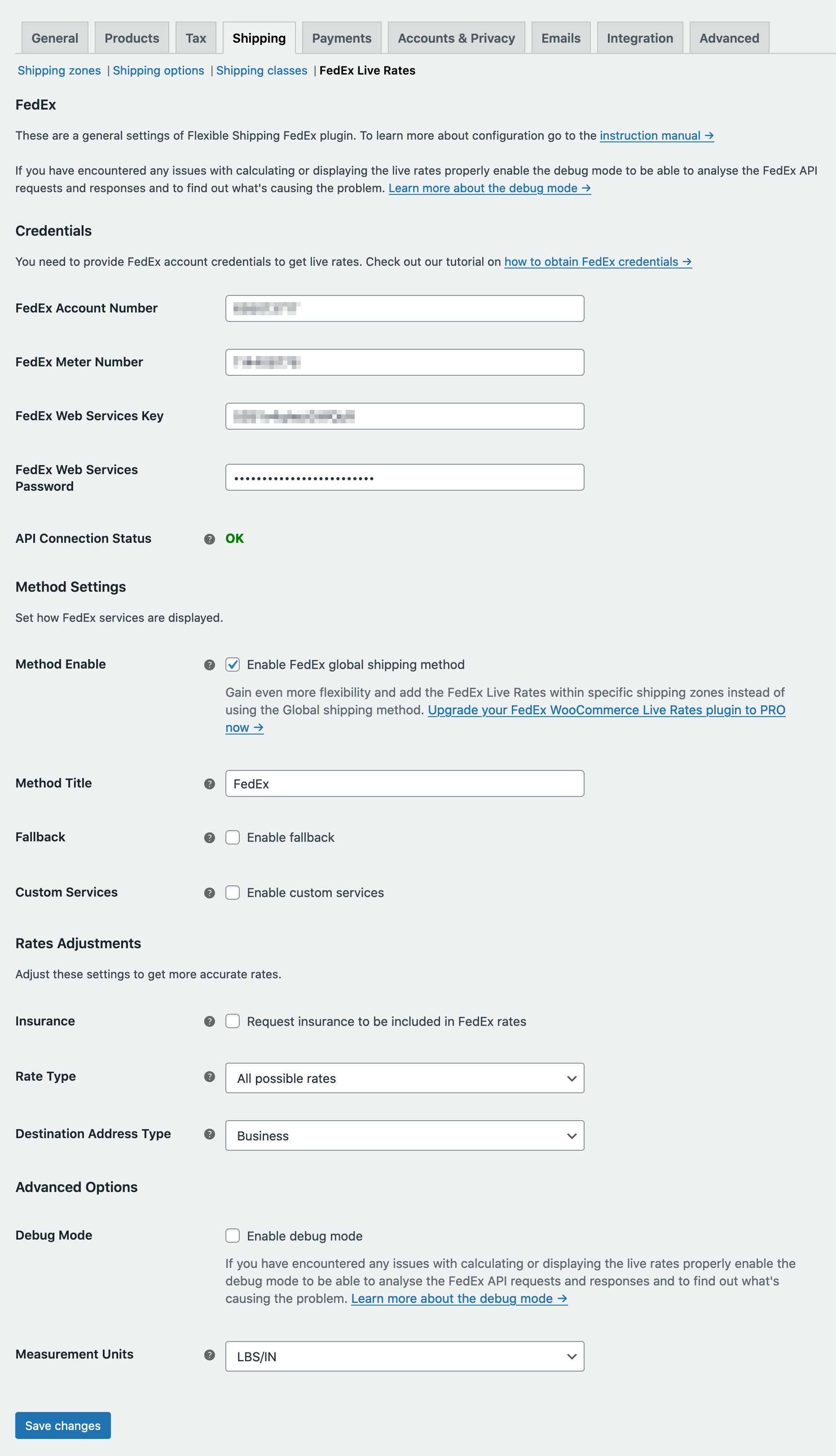 FedEx general settings.