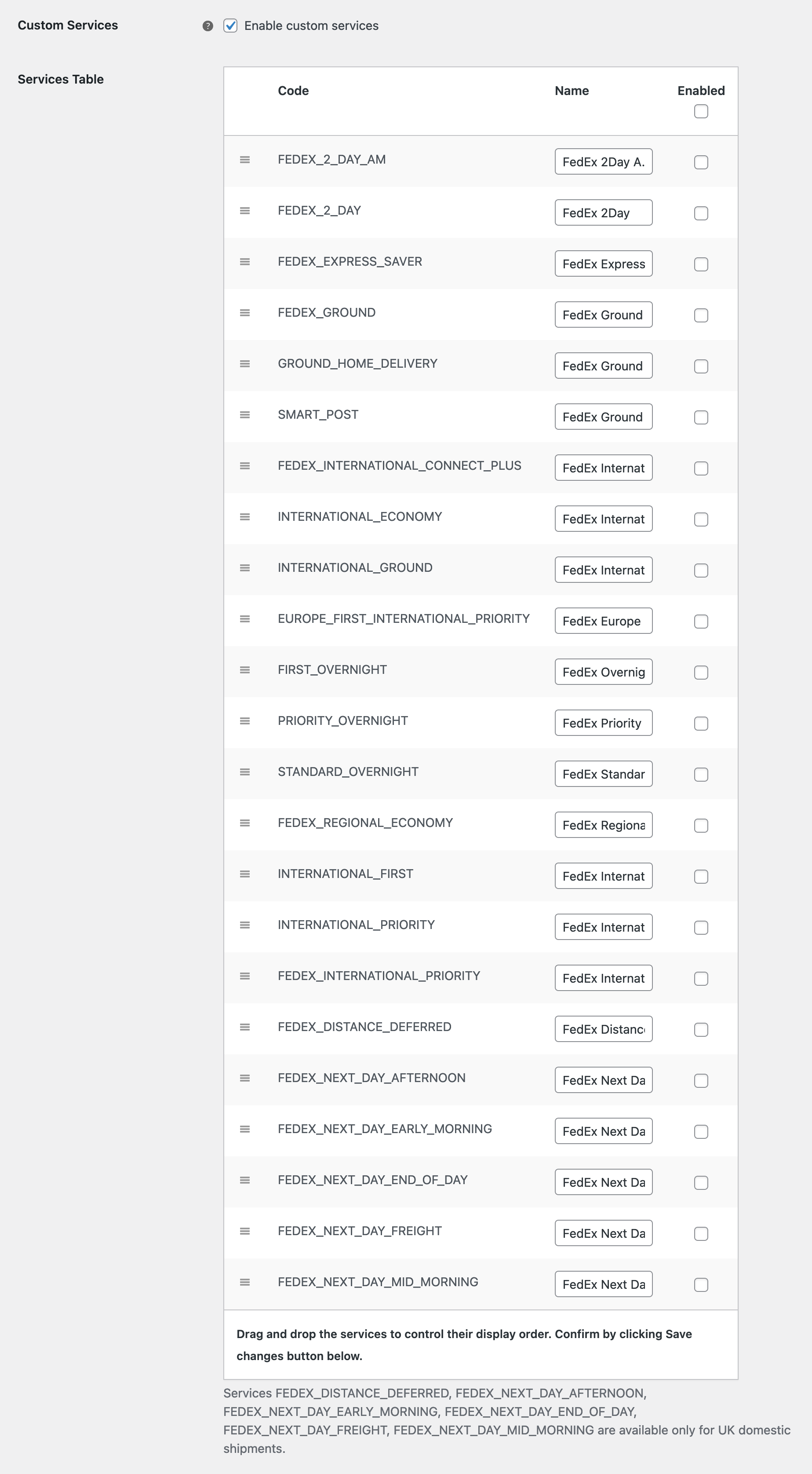 FedEx custom services' settings.