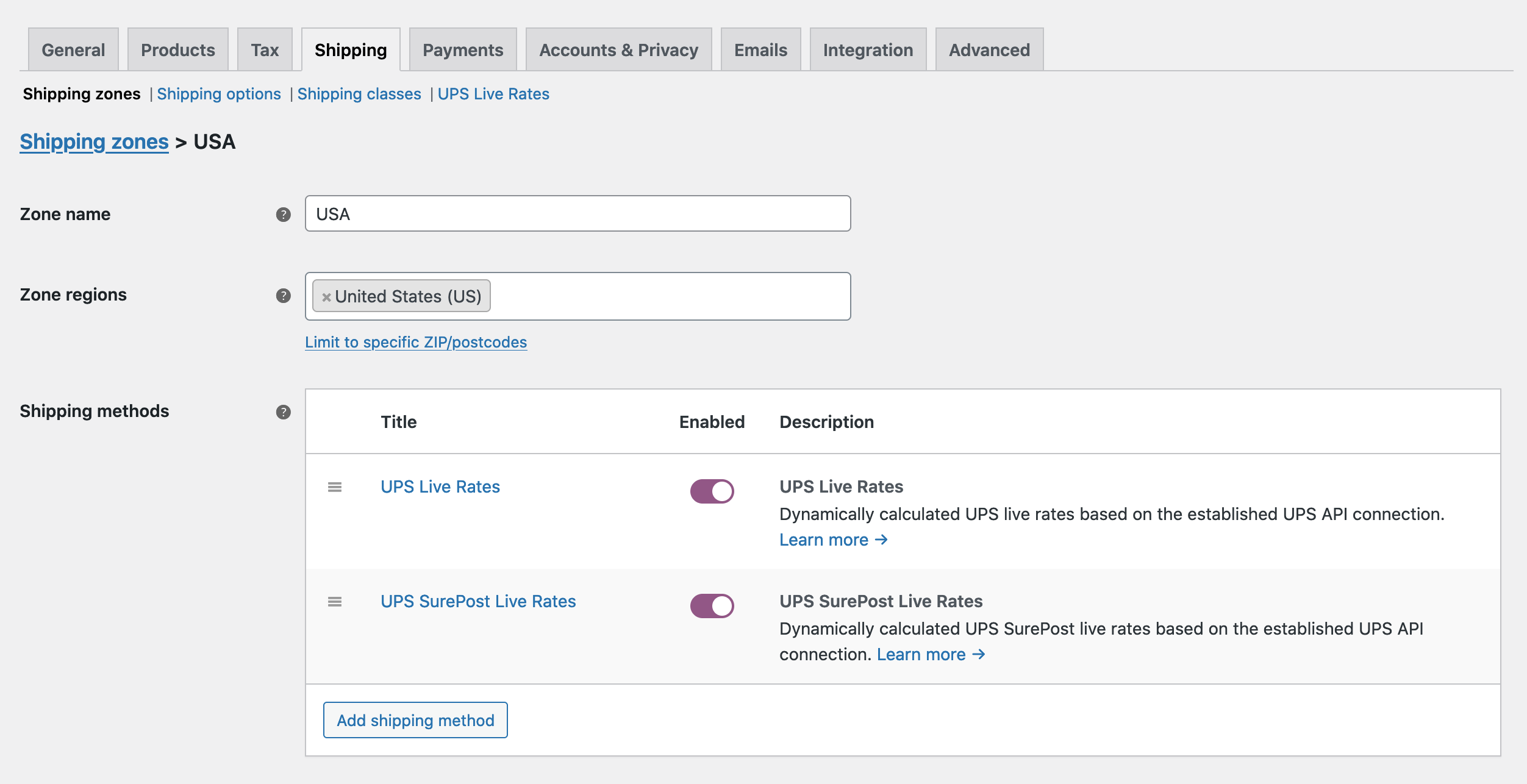 UPS Live Rates shipping methods added within a shipping zone