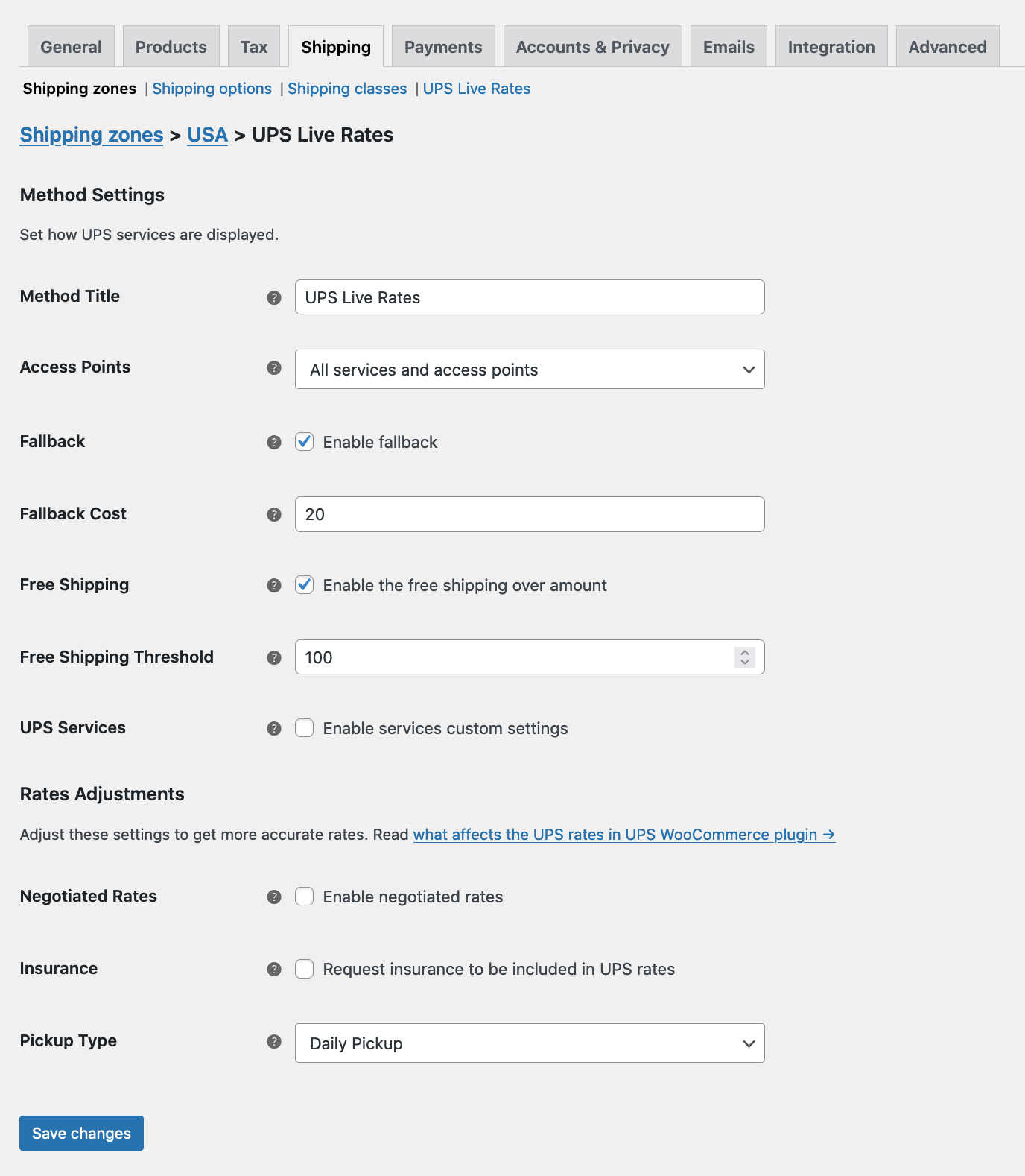 UPS Live Rates shipping method configuration screen