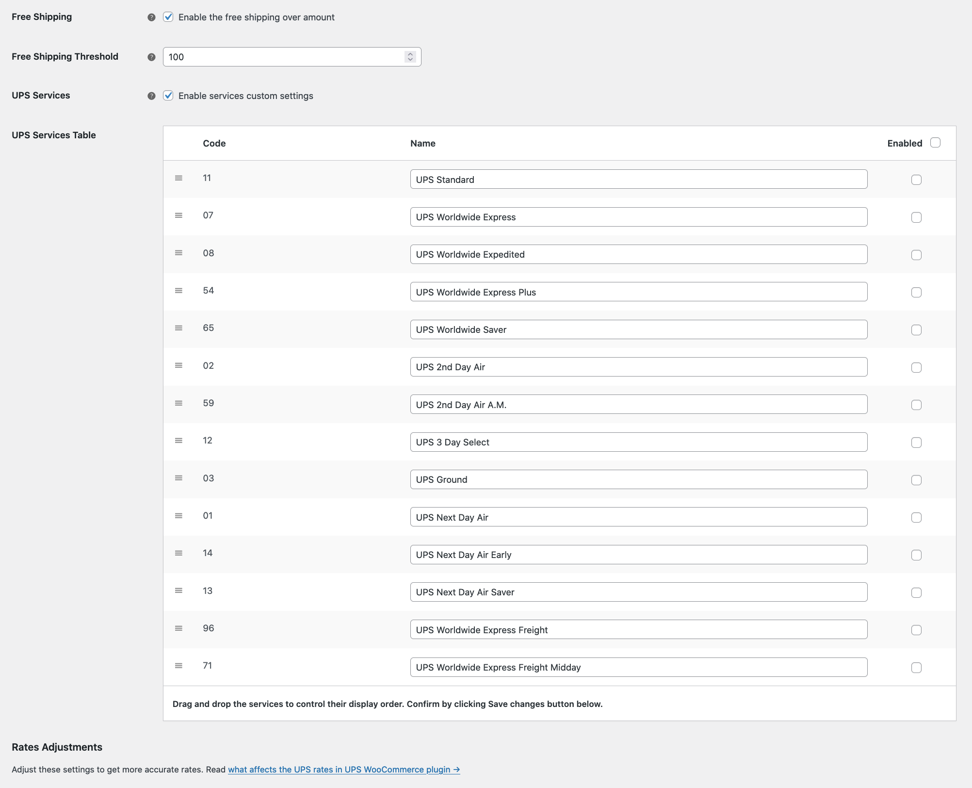 UPS Live Rates custom services' settings