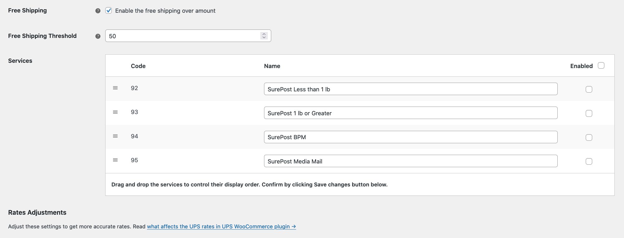 UPS SurePost Live Rates custom services' settings