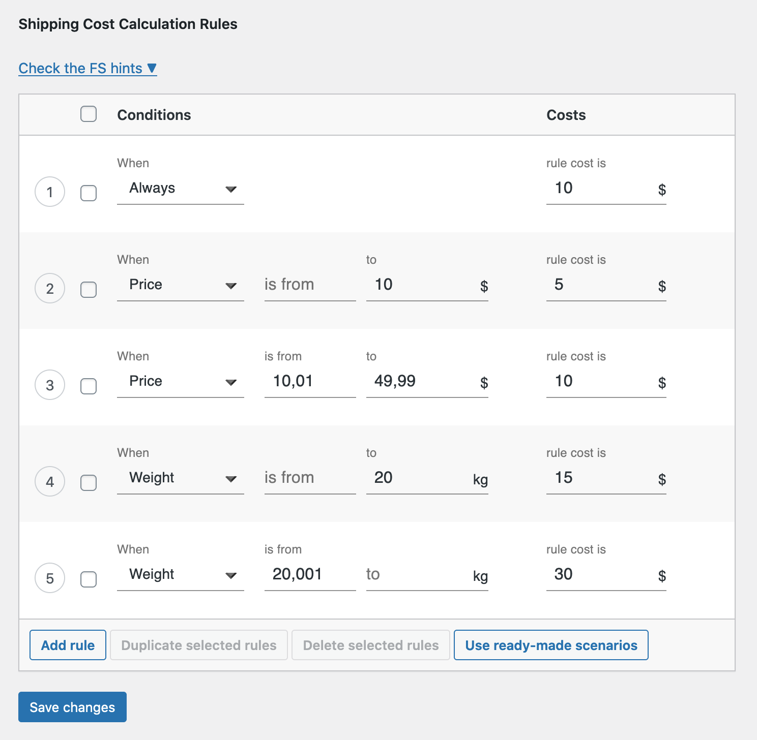 Flexible Shipping cost calculation rules table