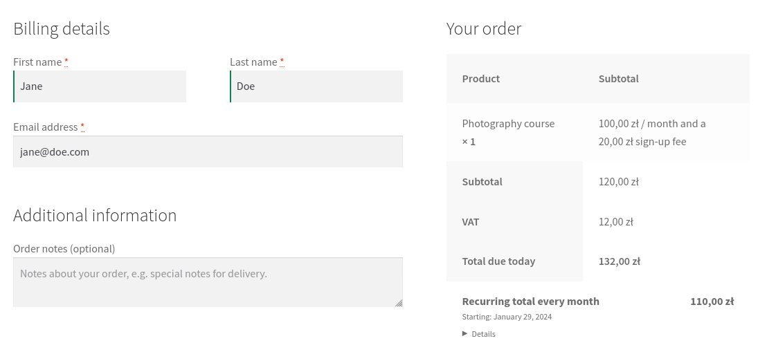 WooCommerce subscription - checkout view.