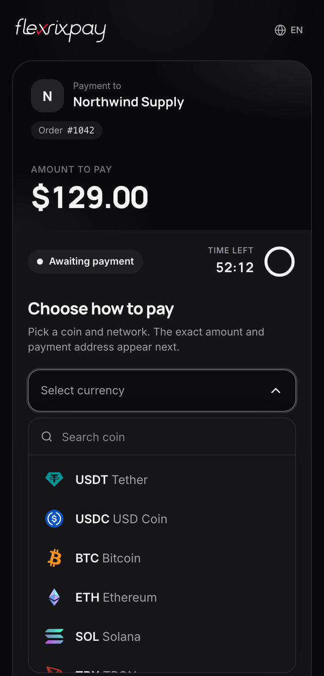 The hosted payment page: the customer chooses a coin and network.