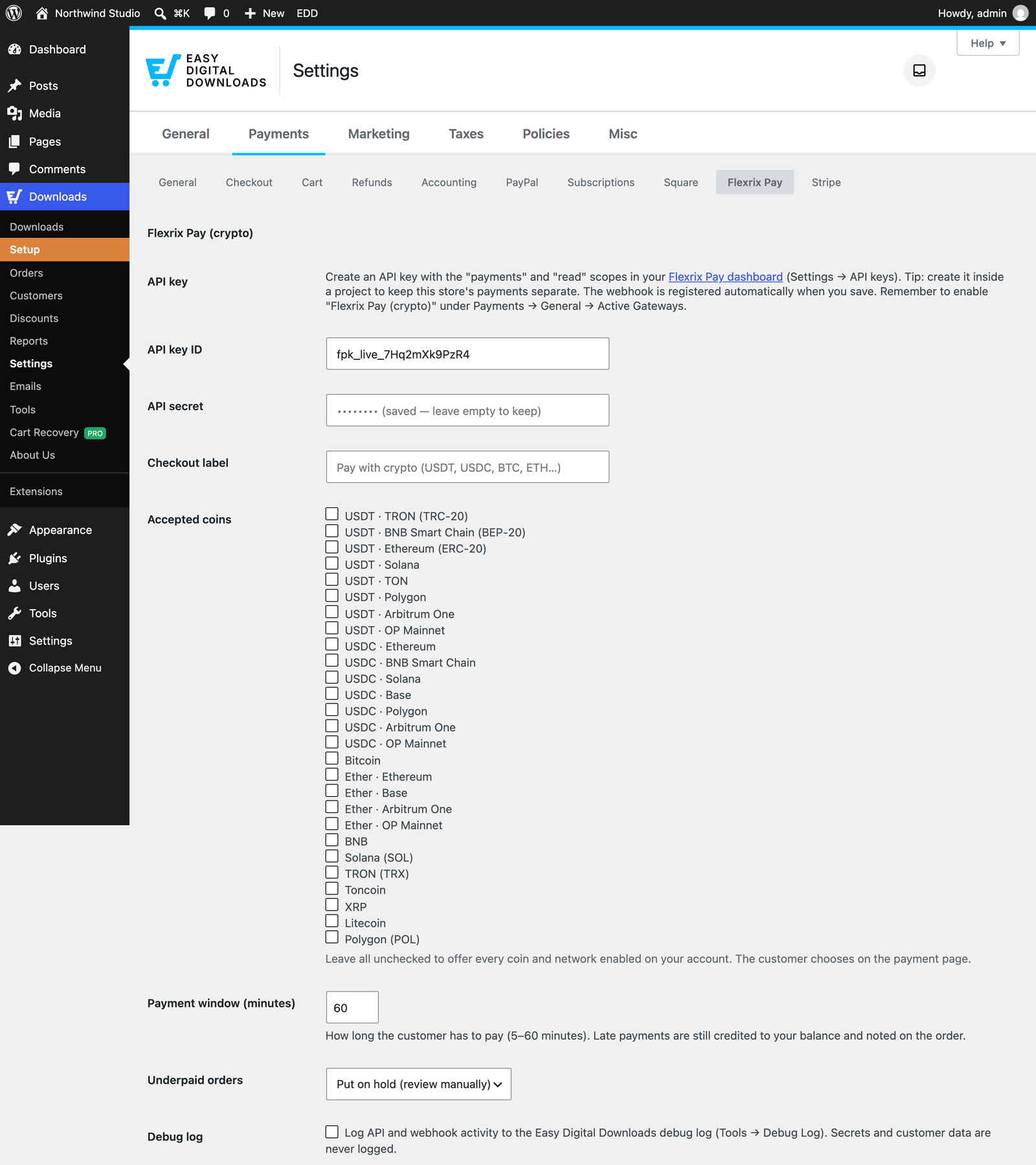 Plugin settings under Downloads → Settings → Payments → Flexrix Pay.