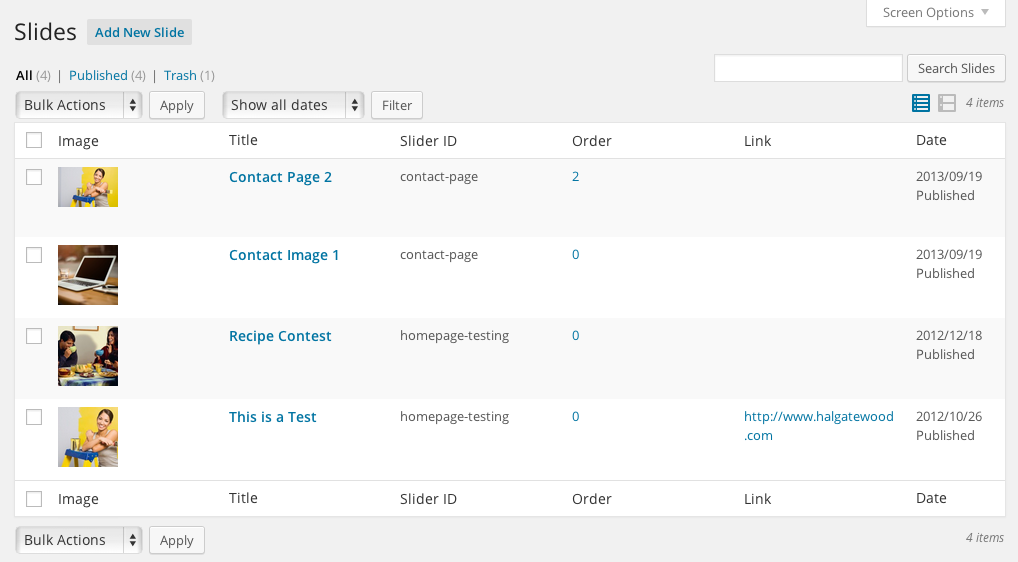 List view of the slides, custom columns used for quick viewing and editing