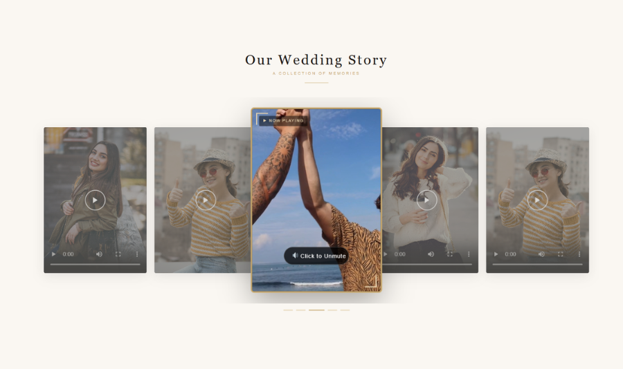 Frontend slider — center video playing with gold accent border.