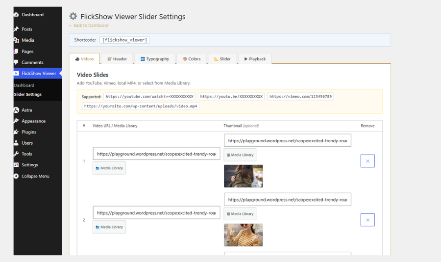 Videos tab — add YouTube, Vimeo, or MP4 URLs.