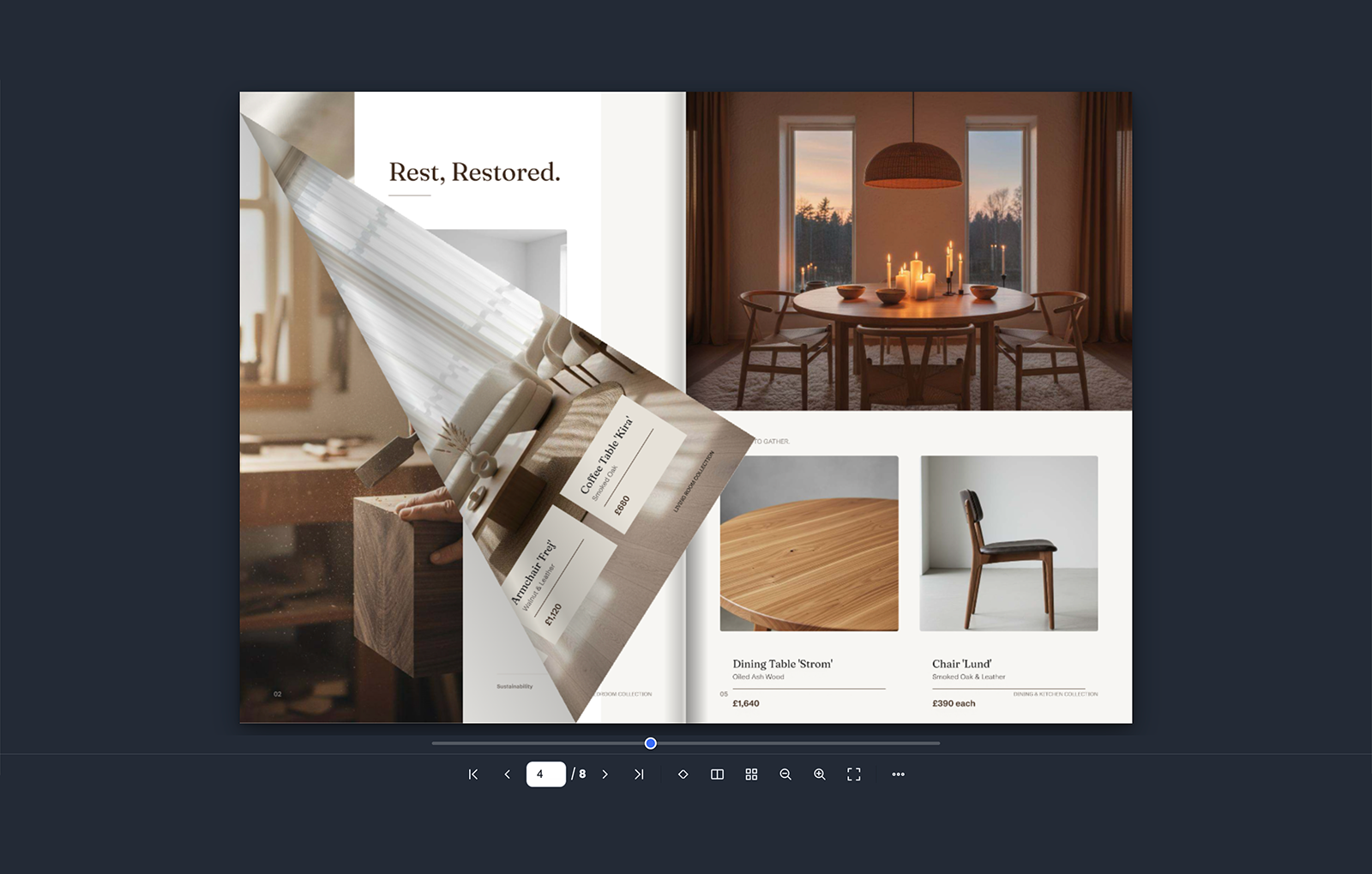 Double-page spreads with a clean, light toolbar - ideal for product catalogs.