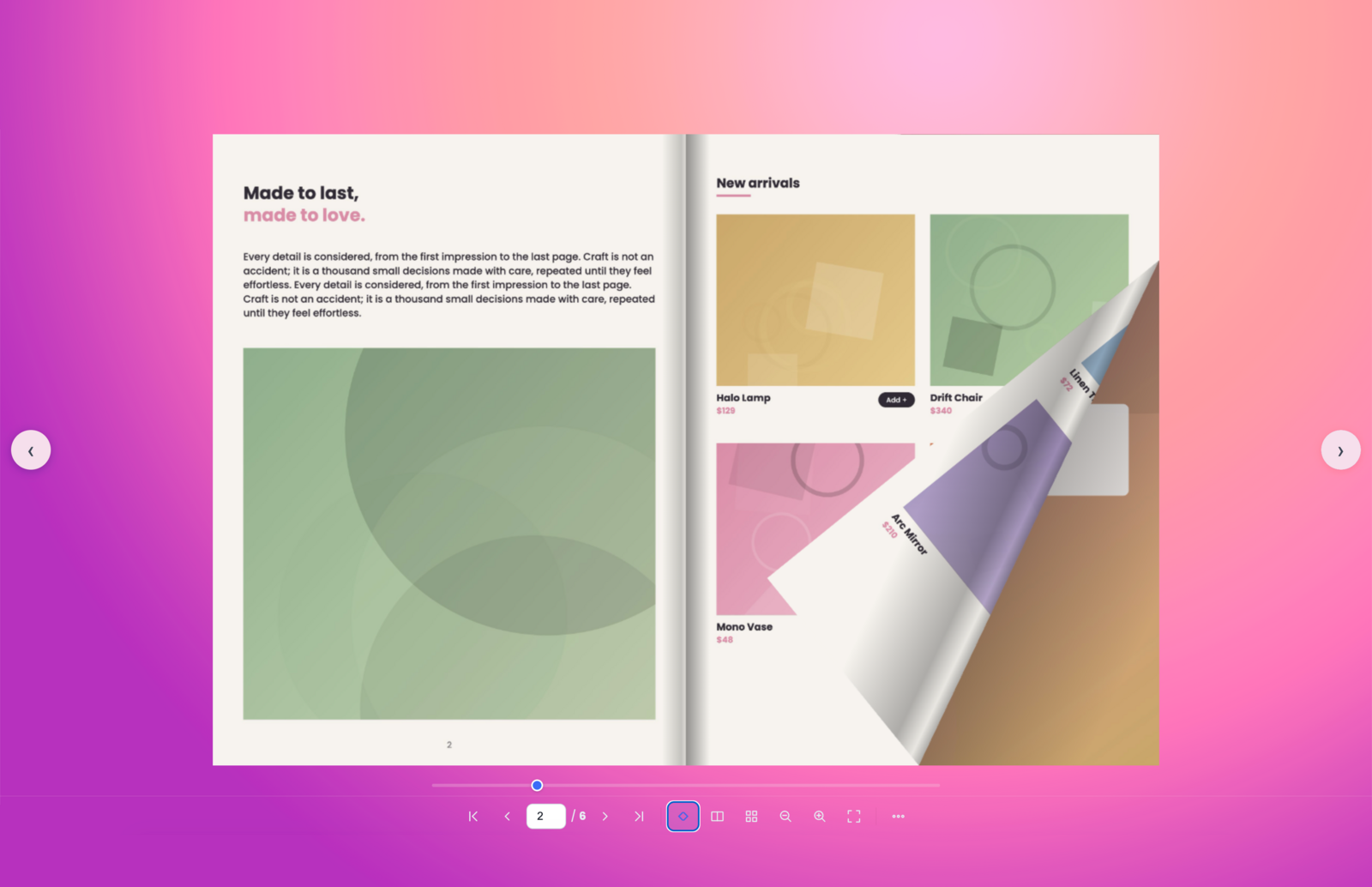 Any PDF becomes an interactive book — here a catalog on a custom-coloured background, mid page-turn.