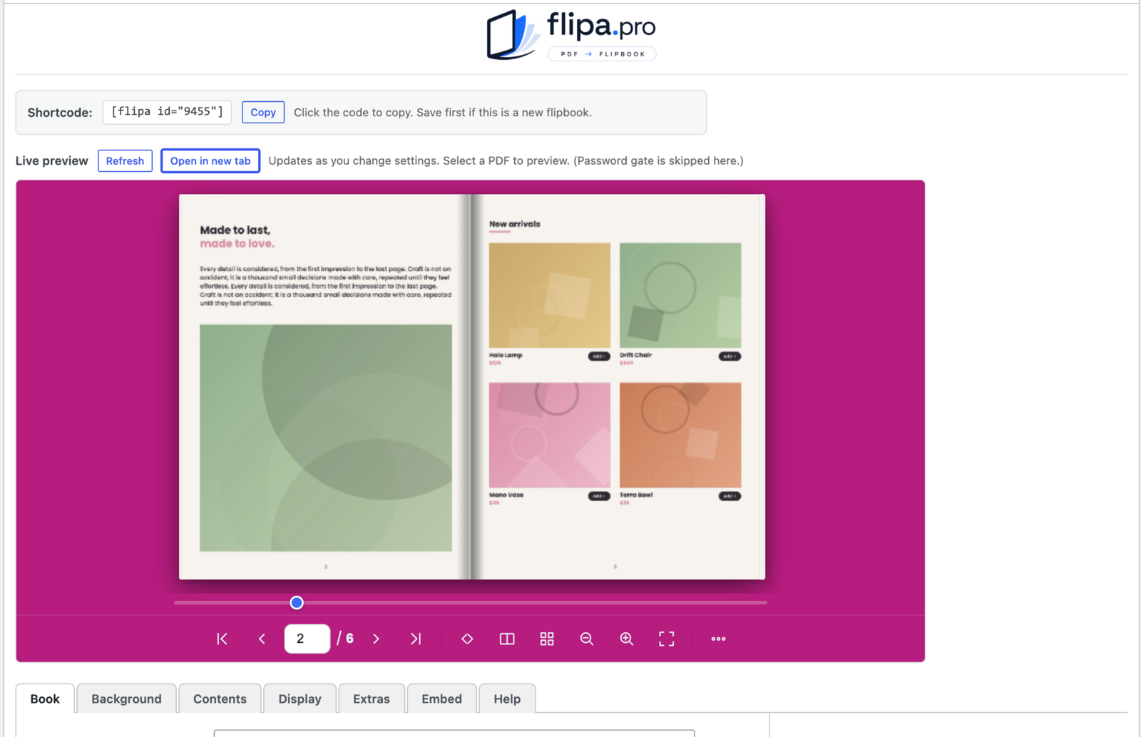 The editor — copy the shortcode and watch a live preview update as you change settings.