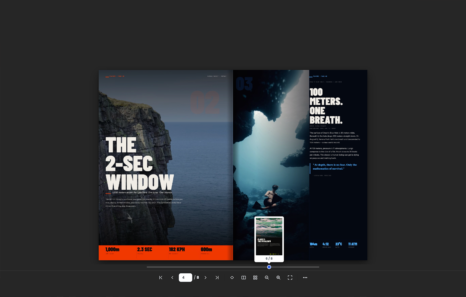 A dark backdrop for immersive, distraction-free reading - an adventure magazine.