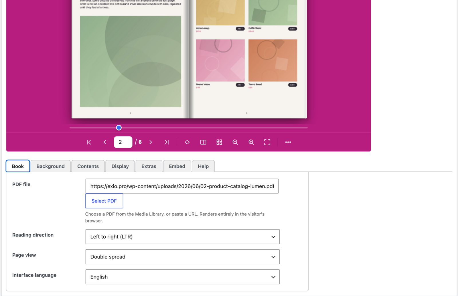 Book settings — reading direction, page view, interface language, and more, in a tabbed panel.