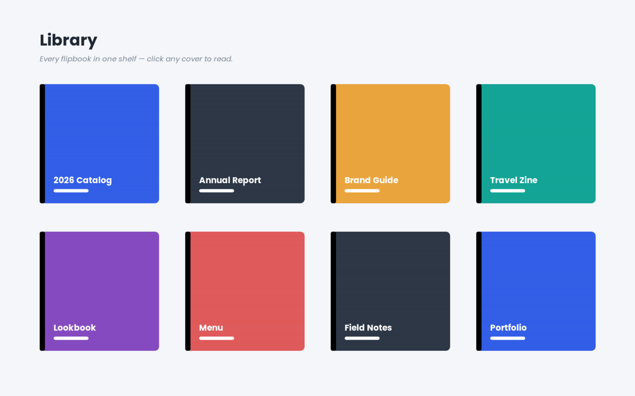 The bookshelf grid — every flipbook in one shelf, click any cover to read.