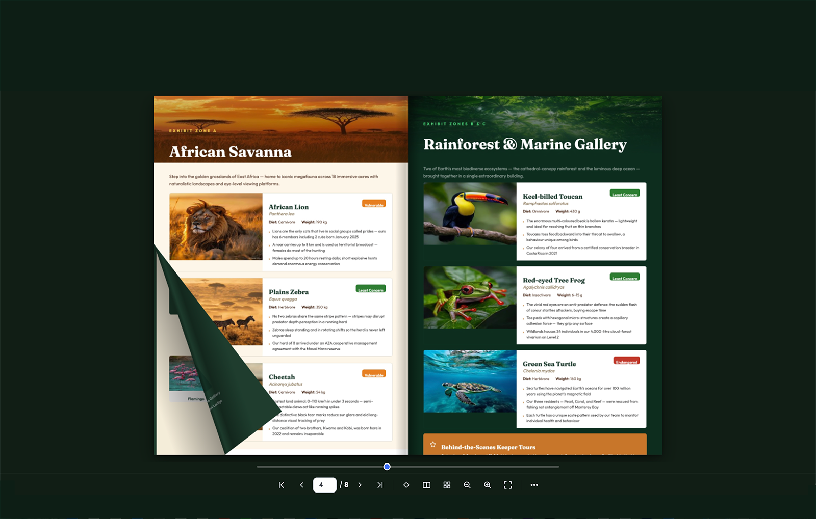 Realistic drag-to-turn pages - even image-heavy gallery spreads flip smoothly.