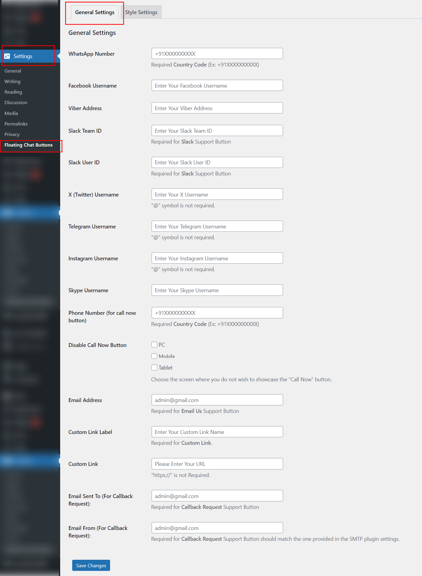 Floating Chat Button General settings