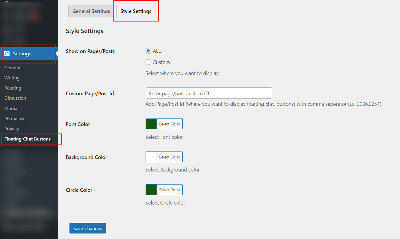 Floating Chat Button style settings