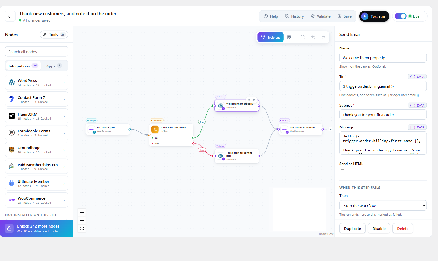 The canvas — a trigger joined to a condition and three actions, the step library on the left, and the step being configured on the right with a picker for every value earlier steps produced.